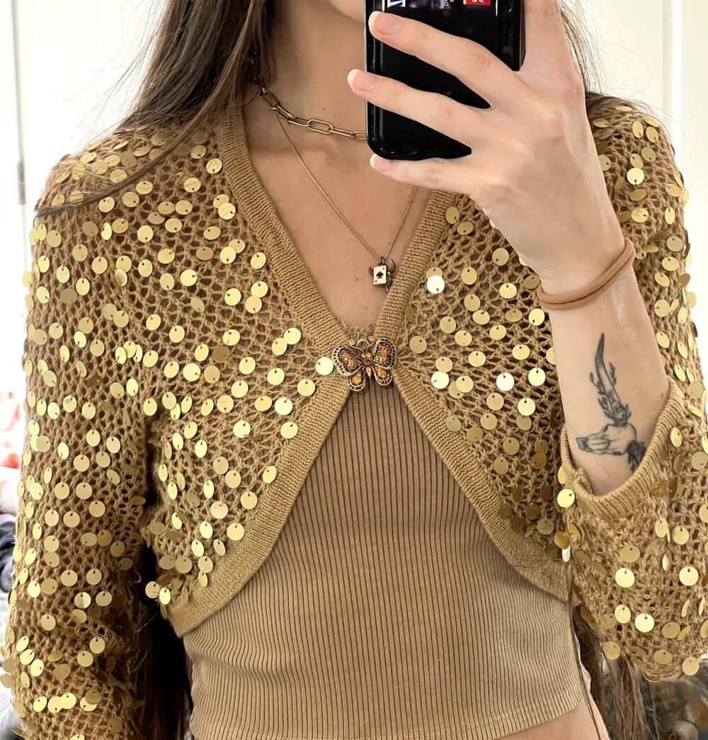 New York & Company Y2K Gold Sequin Crochet Cardigan w Vintage Butterfly Broach